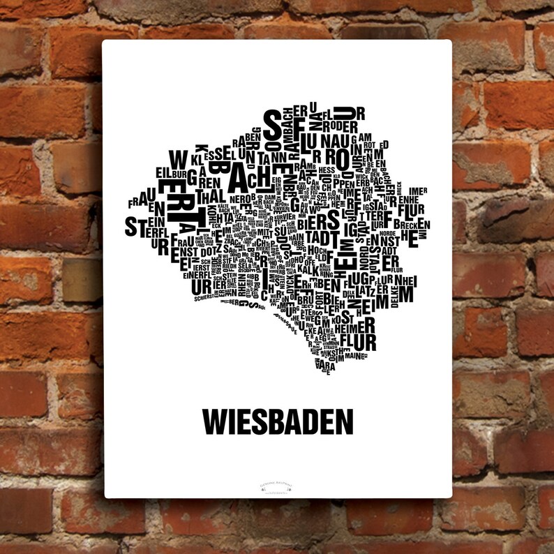 WIESBADEN letter location screenprint poster typography, typo city map, letter map, district graphics, city pictures, poster Keilrahmen 40x50cm