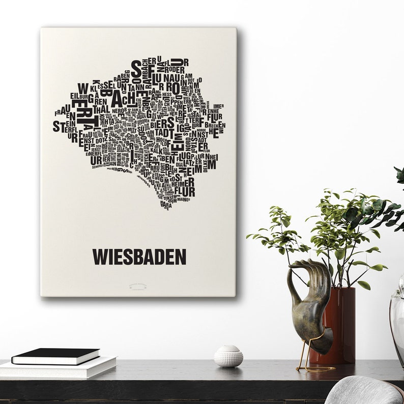 WIESBADEN letter location screenprint poster typography, typo city map, letter map, district graphics, city pictures, poster Keilrahmen 50x70cm