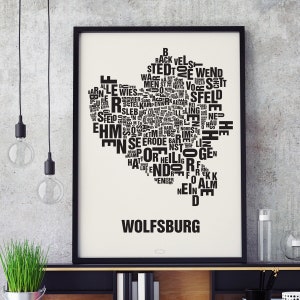 WOLFSBURG Buchstabenort Siebdruck Poster Typografie, Typo Stadtplan, Buchstaben Karte, Stadtteile Grafik, Städte Bilder, Plakat