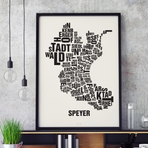 SPEYER Buchstabenort Siebdruck Poster Typografie, Typo Stadtplan, Buchstaben Karte, Stadtteile Grafik, Städte Bilder, Plakat