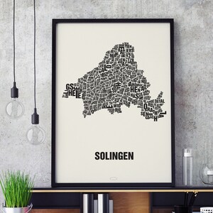 SOLINGEN Buchstabenort Siebdruck Poster Typografie, Typo Stadtplan, Buchstaben Karte, Stadtteile Grafik, Städte Bilder, Plakat