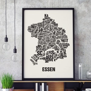 ESSEN Buchstabenort Siebdruck Poster Typografie, Typo Stadtplan, Buchstaben Karte, Stadtteile Grafik, Städte Bilder, Plakat