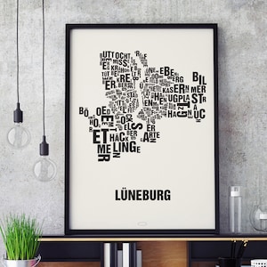 LÜNEBURG Buchstabenort Siebdruck Poster Typografie, Typo Stadtplan, Buchstaben Karte, Stadtteile Grafik, Städte Bilder, Plakat