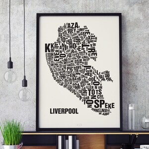 LIVERPOOL UK Buchstabenort Siebdruck Poster Typografie, Typo Stadtplan, Buchstaben Karte, Stadtteile Grafik, Städte Bilder, Plakat