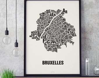 BRUXELLES Bruxelles Lettre Bruxelles Lettre Emplacement Sérigraphie Affiche Typographie, Typo Carte de la ville, Lettres Carte, Districts Graphiques, Villes Photos