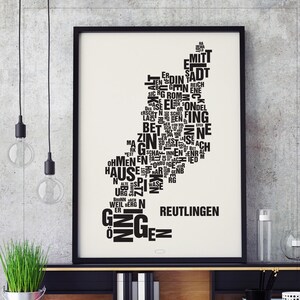 REUTLINGEN Buchstabenort Siebdruck Poster Typografie, Typo Stadtplan, Buchstaben Karte, Stadtteile Grafik, Städte Bilder, Plakat