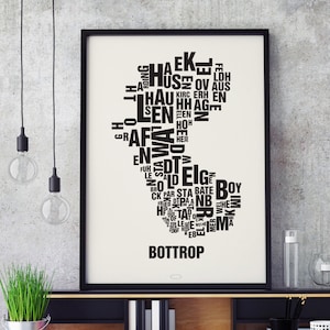 BOTTROP Buchstabenort Siebdruck Poster Typografie, Typo Stadtplan, Buchstaben Karte, Stadtteile Grafik, Städte Bilder, Plakat