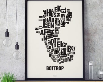 BOTTROP Letter Location Screen Printing Poster Typography, Typo City Map, Letters Map, Districts Graphics, Cities Pictures, Poster