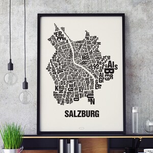 SALZBURG lokalizacja listu sitodruk typografia plakatu, literówka mapa miasta, mapa listów, grafika dzielnicy, zdjęcia miasta, plakat