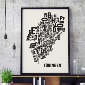 TÜBINGEN Buchstabenort Siebdruck Poster Typografie, Typo Stadtplan, Buchstaben Karte, Stadtteile Grafik, Städte Bilder, Plakat