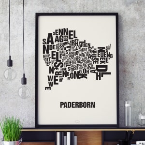 PADERBORN Buchstabenort Siebdruck Poster Typografie, Typo Stadtplan, Buchstaben Karte, Stadtteile Grafik, Städte Bilder, Plakat