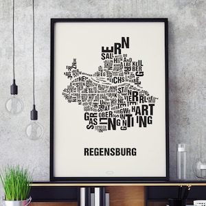 REGENSBURG lokalizacja listu sitodruk typografia plakatu, literówka mapa miasta, mapa listów, grafika dzielnicy, zdjęcia miasta, plakat