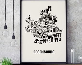 REGENSBURG Buchstabenort Siebdruck Poster Typografie, Typo Stadtplan, Buchstaben Karte, Stadtteile Grafik, Städte Bilder, Plakat