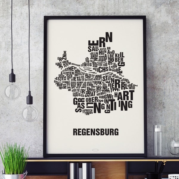 REGENSBURG Buchstabenort Siebdruck Poster Typografie, Typo Stadtplan, Buchstaben Karte, Stadtteile Grafik, Städte Bilder, Plakat