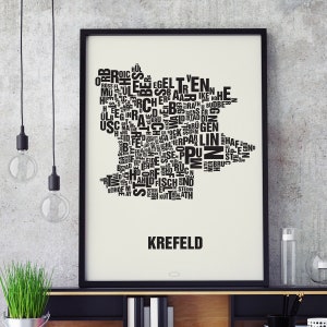 KREFELD Buchstabenort Siebdruck Poster Typografie, Typo Stadtplan, Buchstaben Karte, Stadtteile Grafik, Städte Bilder, Plakat