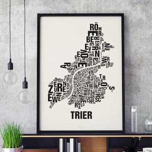 TRIER Buchstabenort Siebdruck Poster Typografie, Typo Stadtplan, Buchstaben Karte, Stadtteile Grafik, Städte Bilder, Plakat