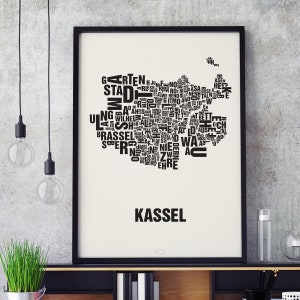 KASSEL Buchstabenort Siebdruck Poster Typografie, Typo Stadtplan, Buchstaben Karte, Stadtteile Grafik, Städte Bilder, Plakat