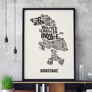 KONSTANZ Kreuzlingen Buchstabenort Siebdruck Poster Typografie, Typo Stadtplan, Buchstaben Karte, Stadtteile Grafik, Städte Bilder, Plakat