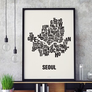 SEOUL Korea Buchstabenort Siebdruck Poster Typografie, Typo Stadtplan, Buchstaben Karte, Stadtteile Grafik, Städte Bilder, Plakat
