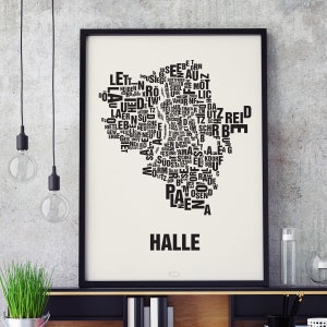 HALLE/SAALE Buchstabenort Siebdruck Poster Typografie, Typo Stadtplan, Buchstaben Karte, Stadtteile Grafik, Städte Bilder, Plakat