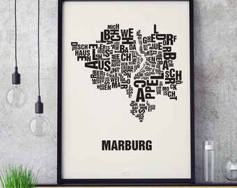 MARBURG Letter Location Screen Printing Poster Typography, Typo City Map, Letters Map, Districts Graphics, Cities Pictures, Poster