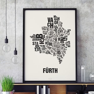 FÜRTH Buchstabenort Siebdruck Poster Typografie, Typo Stadtplan, Buchstaben Karte, Stadtteile Grafik, Städte Bilder, Plakat