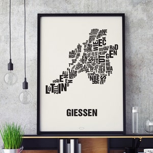 GIESSEN Buchstabenort Siebdruck Poster Typografie, Typo Stadtplan, Buchstaben Karte, Stadtteile Grafik, Städte Bilder, Plakat