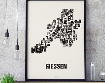 GIESSEN Letter Location Screen Printing Poster Typography, Typo City Map, Letters Map, Districts Graphics, Cities Pictures, Poster