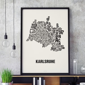 KARLSRUHE Buchstabenort Siebdruck Poster Typografie, Typo Stadtplan, Buchstaben Karte, Stadtteile Grafik, Städte Bilder, Plakat