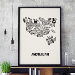 AMSTERDAM Niederlande Buchstabenort Siebdruck Poster Typografie, Typo Stadtplan, Buchstaben Karte, Stadtteile Grafik, Städte Bilder, Plakat