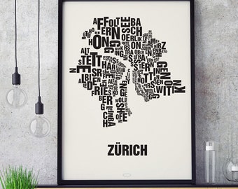 ZURICH Switzerland Letter Location Screen Printing Poster Typography, Typo City Map, Letters Map, Districts Graphics, Cities Pictures, Poster