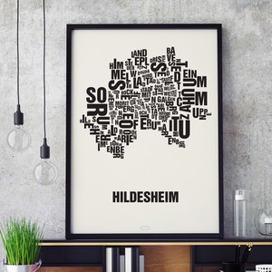 HILDESHEIM Buchstabenort Siebdruck Poster Typografie, Typo Stadtplan, Buchstaben Karte, Stadtteile Grafik, Städte Bilder, Plakat