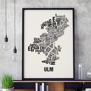 ULM Buchstabenort Siebdruck Poster Typografie, Typo Stadtplan, Buchstaben Karte, Stadtteile Grafik, Städte Bilder, Plakat
