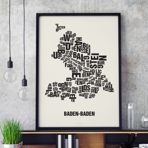 BADEN-BADEN Buchstabenort Siebdruck Poster Typografie, Typo Stadtplan, Buchstaben Karte, Stadtteile Grafik, Städte Bilder, Plakat