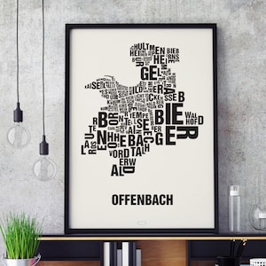 OFFENBACH Buchstabenort Siebdruck Poster Typografie, Typo Stadtplan, Buchstaben Karte, Stadtteile Grafik, Städte Bilder, Plakat
