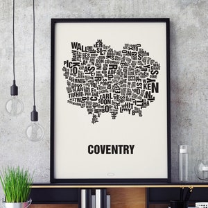 COVENTRY Buchstabenort Siebdruck Poster Typografie, Typo Stadtplan, Buchstaben Karte, Stadtteile Grafik, Städte Bilder, Plakat