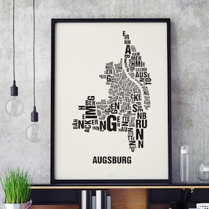 AUGSBURG Buchstabenort Siebdruck Poster Typografie, Typo Stadtplan, Buchstaben Karte, Stadtteile Grafik, Städte Bilder, Plakat