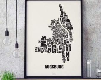 AUGSBURG Buchstabenort Siebdruck Poster Typografie, Typo Stadtplan, Buchstaben Karte, Stadtteile Grafik, Städte Bilder, Plakat