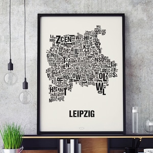 LEIPZIG  Buchstabenort Siebdruck Poster Typografie, Typo Stadtplan, Buchstaben Karte, Stadtteile Grafik, Städte Bilder, Plakat