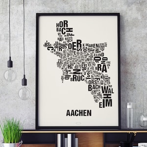 AACHEN Buchstabenort Siebdruck Poster Typografie, Typo Stadtplan, Buchstaben Karte, Stadtteile Grafik, Städte Bilder, Plakat
