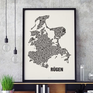 RÜGEN Buchstabenort Siebdruck Poster Typografie, Typo Stadtplan, Buchstaben Karte, Stadtteile Grafik, Städte Bilder, Plakat