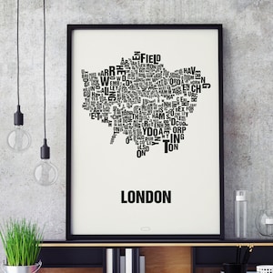 LONDON UK Buchstabenort Siebdruck Poster Typografie, Typo Stadtplan, Buchstaben Karte, Stadtteile Grafik, Städte Bilder, Plakat
