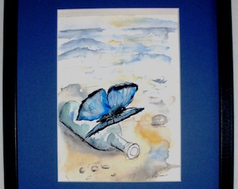 Original Aquarell Bild blauer Schmetterling am Strand
