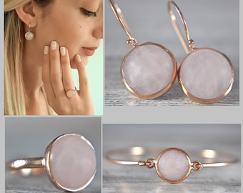 Gift Set - 925 sterling silver - rose quartz earrings, ring and bangle, rose gold plated