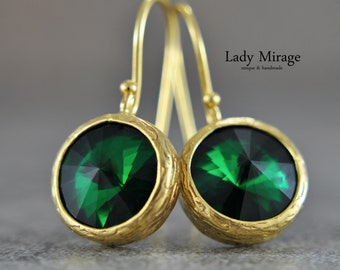 Hanging Earrings Gold - Crystal - Emerald - Elegant - Bridal Earrings - Wedding Jewelry - Green - Brass