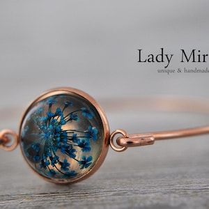 Rose Gold Bangle with Real Blue Flowers