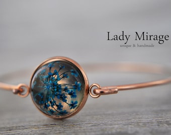 Rose Gold Bangle with Real Blue Flowers