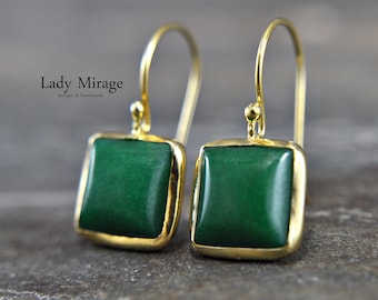 925 Sterling Silver - Jade - Earrings - Gold Plated - Green - Geometric - Square -  Trend colour