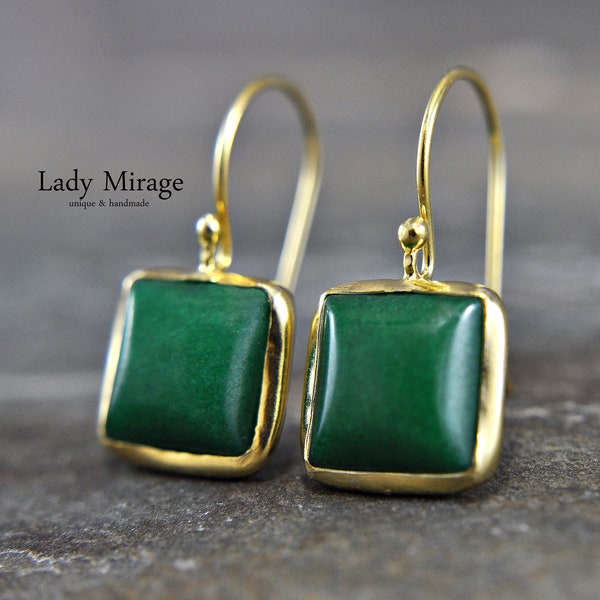 925 Sterling Silver - Jade - Earrings - Gold Plated - Green - Geometric - Square -  Trend colour