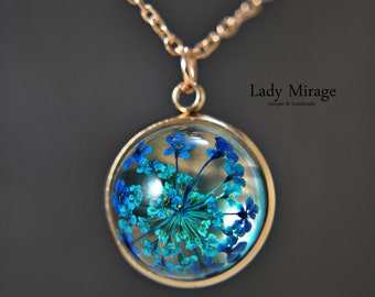 Real Blue Flowers Necklace -Rose Gold-